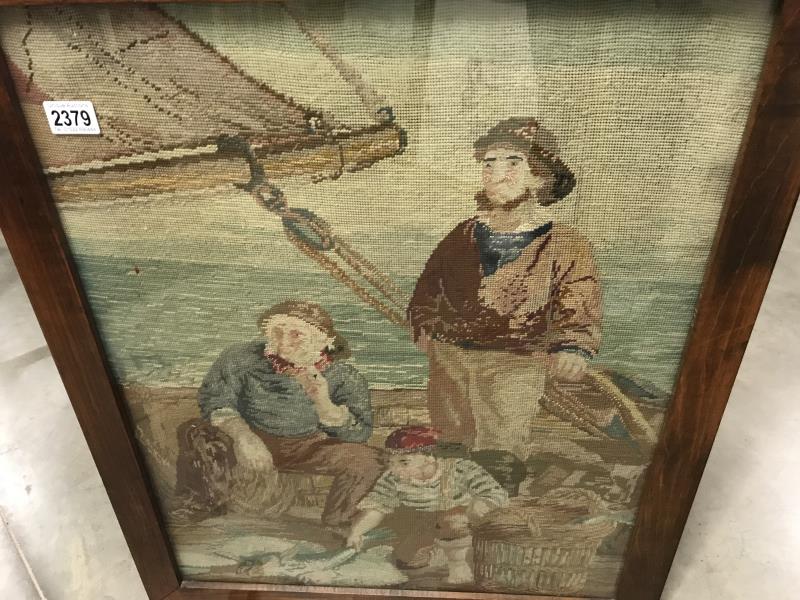 A 1930's woolwork tapestry of fishermen mounted in a fire screen. - Image 6 of 7
