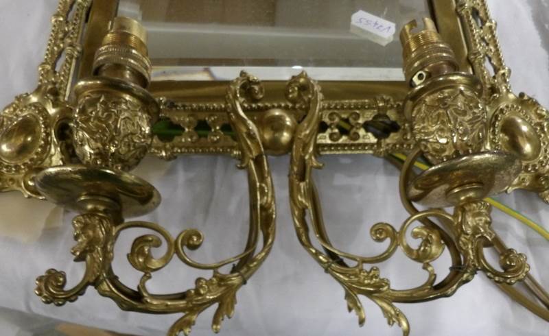 A pair of ornate brass framed mirror with double wall lights. - Image 3 of 4