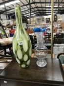 A large green art vase glass vase & an etched glass vase