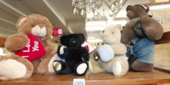 4 collector's bears - Franklin MInt Heirloom bear Harley Davidson, Merrythought black bear,