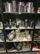 4 shelves of kitchenalia including stainless steel shop sweet jars,