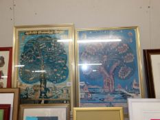 A pair of framed and glazed prints of Asian tree of life.