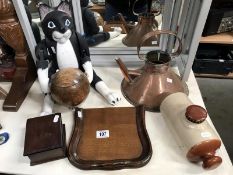 A 1930's oak ball tea caddy, a crumb tray box, a copper kettle, stoneware, footwarmer etc.