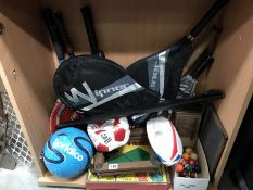 A quantity of sports games including tennis rackets, footballs, pool balls etc.