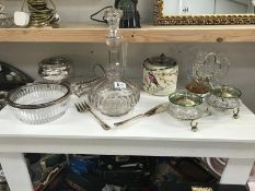 A decanter, vintage biscuit barrel, preserve dishes on stand etc.