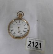 An A.W.W. Co., Waltham gold plated pocket watch with inscription inside cover 'presented to Mr W, R.