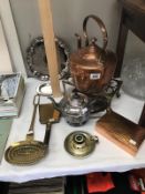A copper kettle, brass trivet and a quantity of silver plate, cooper and brass etc.