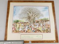 A large Malawi village scene with pencil dedication on bottom, (missing glass).