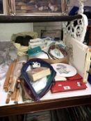 A quantity of sewing and knitting items including patterns, wool, frame etc.