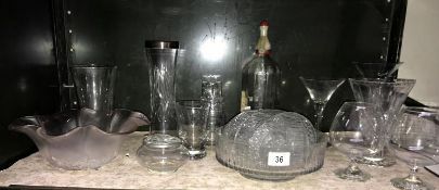 A shelf of glassware including fruit set, shipstone soda syphon etc.