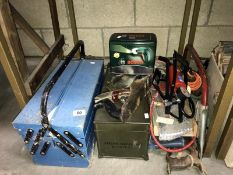 A mixed lot including tool chests, car pump, plane etc.