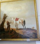 An oil on canvas painting of horse with handler and dog.