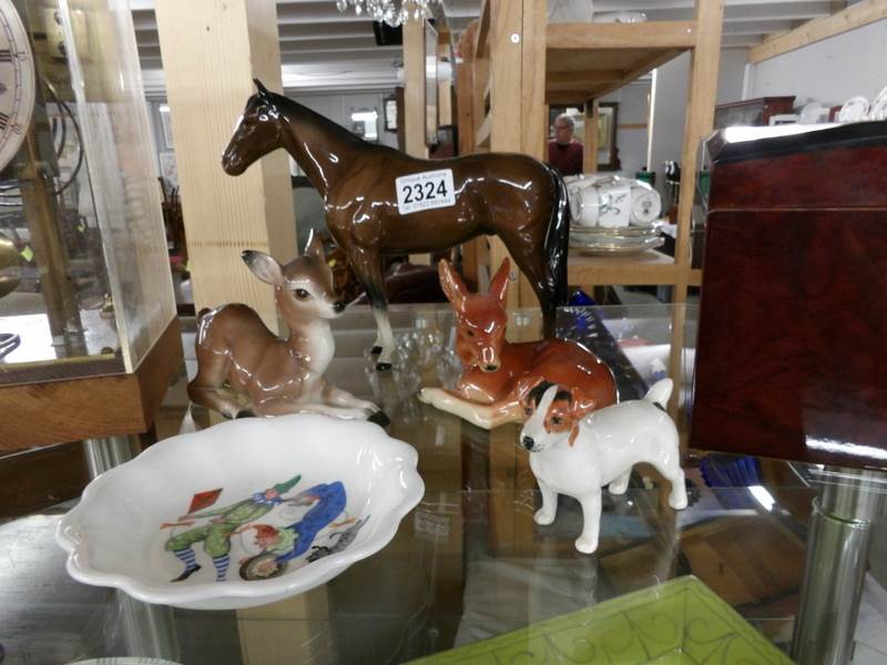 A Beswick horse, a Beswick Jack Russell, a Wedgwood dish and 2 deer figures.
