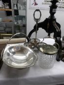 A silver plate basket, hors d'ouvre dish and a glass biscuit barrel.