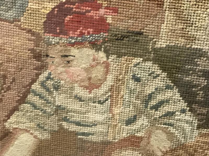 A 1930's woolwork tapestry of fishermen mounted in a fire screen. - Image 3 of 7