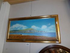 A W. Reid Irish school oil on board seascape with hills entitled 'Achill Island, Co.Mayo' framed.