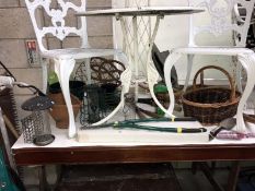 A quantity of garden bird feeders, baskets, tools etc.