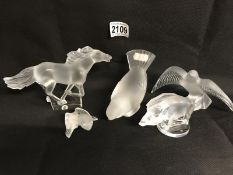 5 unboxed Lalique animal figures being frog rainette sitting, wild boar,