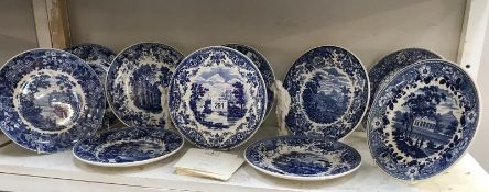 10 plates from the Wedgwood blue and white collection and two Italian figures of Chinese man/woman