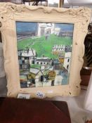 A late 20th century abstract acrylic on board of Pickering castle, framed.