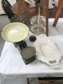 A set of kitchen scales with weights, silver plate 2-tier cake stand,