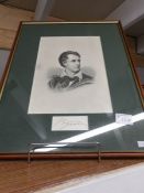 A framed and glazed portrait of Lord Byron with signature underneath (not authenticated).