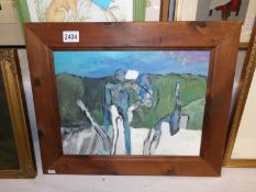 A 20th century acrylic on board abstract of figures in a landscape.