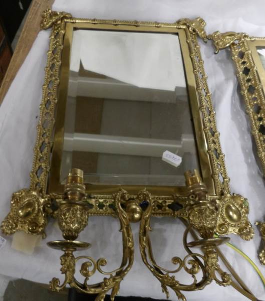 A pair of ornate brass framed mirror with double wall lights. - Image 2 of 4