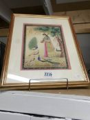 A framed and glazed Indian picture with peacocks.