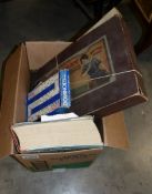 A box of toys including tin plate clockwork dogs, German Train, Tri-ang Mini ships,