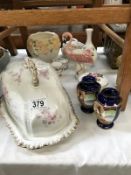 A quantity of pottery including butter dish & Hannah Turner flamingo