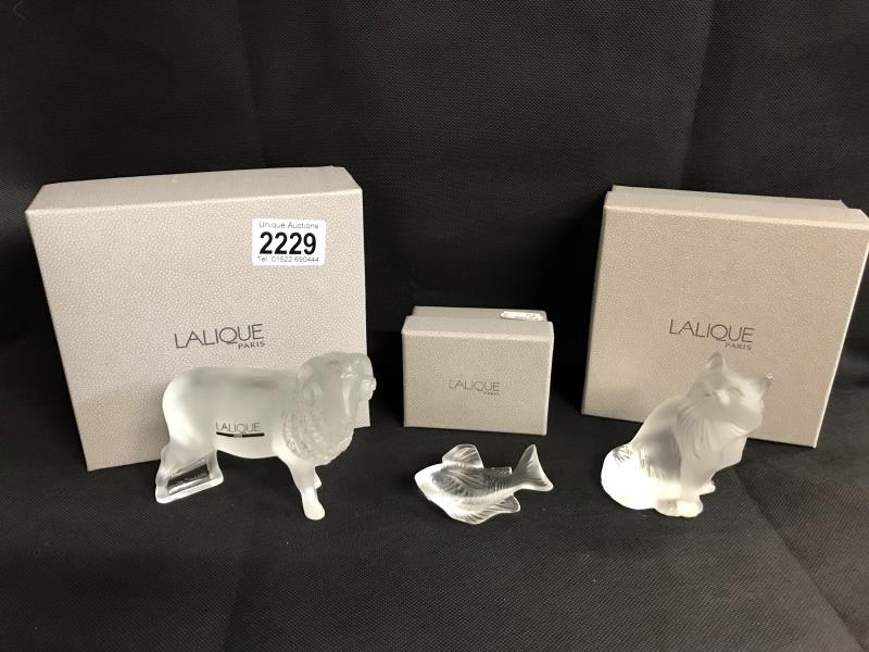 3 boxed Lalique animal figures being ram, cat and fish.