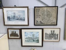 4 prints of Lincoln Cathedral & a map of Lincolnshire