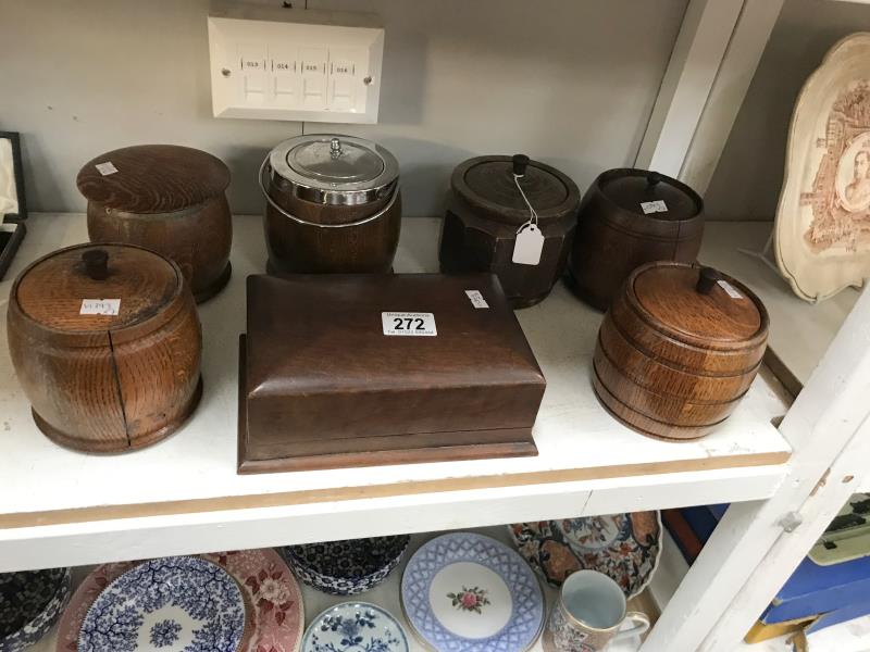 6 oak tea caddies and cigarette box