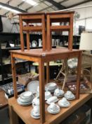 A stained pine table and 2 stools