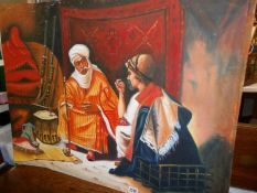 A 20th century orientalist school oil on canvas painting of 2 Arab traders.