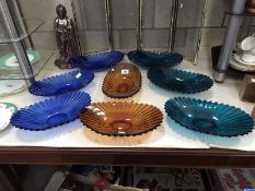 8 coloured art glass dishes by Sowerby, Gateshead.