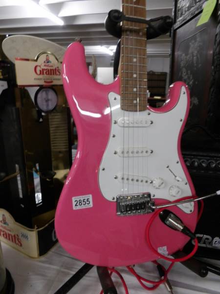 A pink Westfield Strat guitar with lead and 15w crate amp. - Image 2 of 4