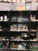 5 shelves of Kitchenalia including Pyrex, a good dinner set,