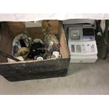 A Sharp XE-A203 cash register together with an old pine storage box and contents including vintage