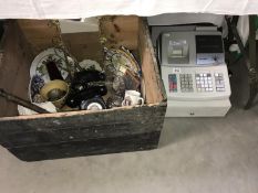 A Sharp XE-A203 cash register together with an old pine storage box and contents including vintage