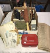 A mixed lot including cash tins, Smith's timer, stapler etc.