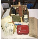 A mixed lot including cash tins, Smith's timer, stapler etc.