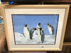 A Kevin Roman Gouache on paper painting of Emperor penguins, signed K J Roman.