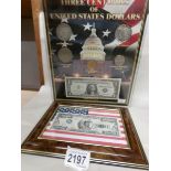 A framed and glazed '3 Centuries of United States Dollars' and a framed 'one million dollar' note.