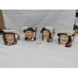 4 Royal Doulton Musketeers character jugs being Porthos, Athos, Aramis and D'Artagnan.