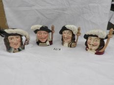 4 Royal Doulton Musketeers character jugs being Porthos, Athos, Aramis and D'Artagnan.