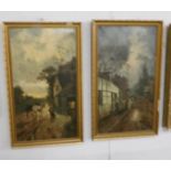 A pair of oil on canvas village scenes, signed but indistinct.