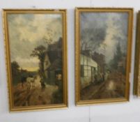 A pair of oil on canvas village scenes, signed but indistinct.