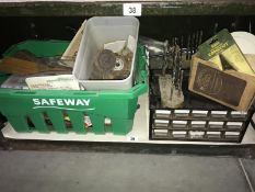 2 small screw/nail boxes and a quantity of tools, tile cutter etc.